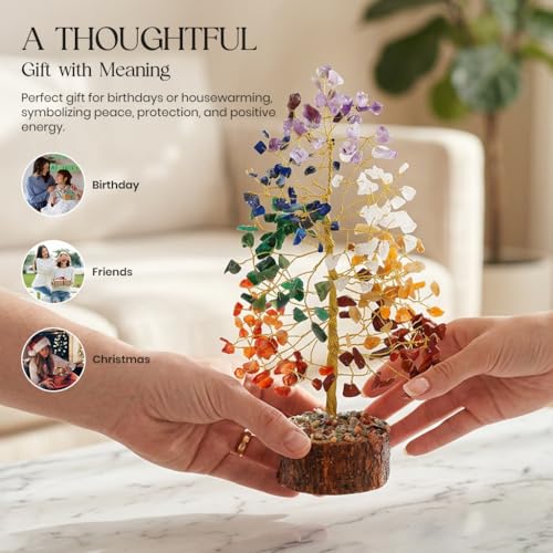 Image of 7 Chakra Tree of Life - Crystal Tree of Life, Gemstone Tree for Positive Energy, Feng Shui Tree Decor, Seven Chakra Tree, Money Tree Bonsai, Crystal Healing Stone Tree, Spiritual Gift Home Decor 10 inch | Positive Feng Shui Tree Decor Birthday Gift idea Seven Chakra Money Tree Crystal Spiritual Gift For Women, mom Home Decor 10 inch