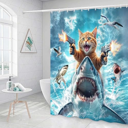 Image of Funny Cat Shower Curtain for Kids, Cute Kitten Riding Shark Ocean Theme Hilarious Cool Fun Grey Blue Wave Animal Nautical Whale Boys Bathroom Sets Decor Fabric Polyester Waterproof 12 Pack Hooks