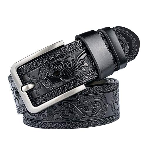 Men's Genuine Leather Belt for Casual & Dress - Floral Embossed Design, Heavy Duty Alloy Buckle, Soft Cowhide Strap