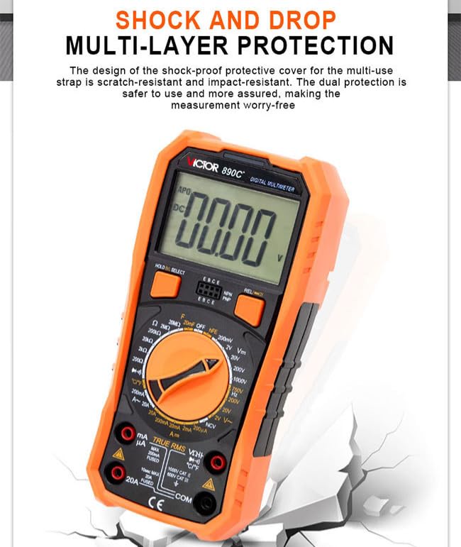 VICTOR VC890C+ Digital Multimeter performing NCV measurement near an electrical outlet