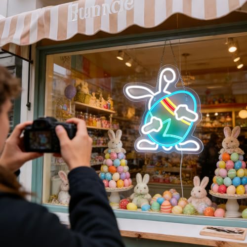 Image of Bunny Neon Sign with Egg, LED Rabbit Night Light for Kids Bedroom, Cute Animal Wall Decor for Baby Nursery, Dimmable USB Powered Neon Wall Light for Toddler Room, Cozy Room Aesthetic Gift for Girls Boys 13*13.7in
