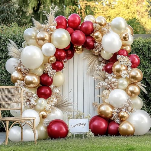 Image of Burgundy Gold Balloons Garland Double Stuffed Pearl White Gold Maroon Wine Red Balloon Arch Kit for Wedding Baby Shower Bridal Birthday Party Decoration