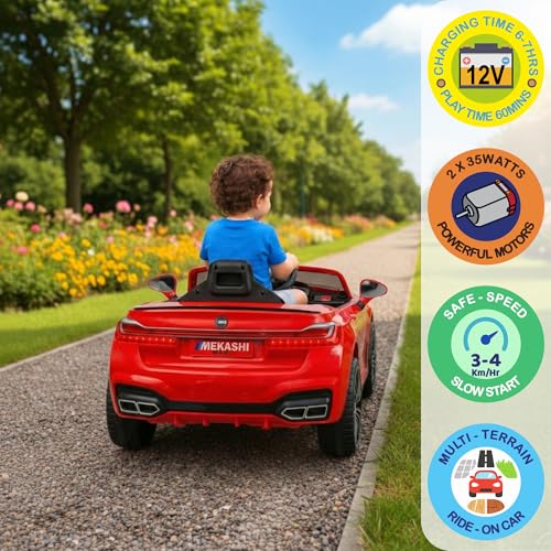 Image of MEKASHI Electric Ride-On Car for Kids 1-7 Years, 12V Battery, Remote Control, 5 Speed, LED Lights, Bluetooth, Red