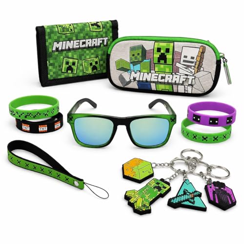 MINECRAFT Fan Bundle | Official 10 PC Gift for Minecraft Builders | Wallet Sunglasses Case Wristbands & Charm Keychain | Size Kids