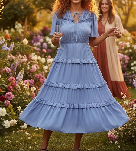 Image of Women's Short Sleeve Summer Boho Pleated Rayon Mid Dresses with Pockets for Wedding Guest