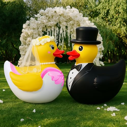 Hungdao 2 Pcs 4 ft Wedding Duck Floatie Inflatable Pool Floats Large Bride Groom Rubber Duck for Wedding Bridal Bachelorette Party Decoration Engagement Gifts (Not Include Wreath and Air Pump)