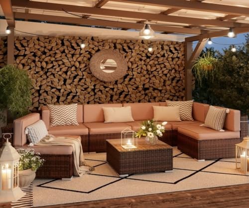 Image of 6 Seater Sofa Patio Furniture Sets, Modular Rattan Outdoor Patio Sectional Furniture Sofa Set, Wicker Patio Conversation Set for Backyard, Deck, Poolside Table with Glass Coffee Table, (Beige)