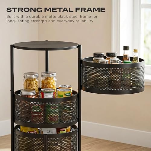Image of Metal Multi-Purpose Trolley Kitchen Storage Organizer Rack Stand with 360 Wheels | 3 Layer Round Design | Kitchen Accessories Items for Fruit Vegetable Onion Rack for Kitchen (Black)
