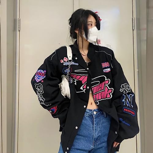 Women Y2K Vintage Varsity Jacket Hip Hop Racer Graphic Bomber Jacket Japanese Harajuku Button Up Sweatshirt Outerwear2