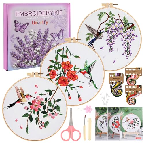 Image of Embroidery Kit for Beginners,3 Pack Hummingbird and Flower Cross Stitch Kits for Adults,Needlepoint kit with Stamped Patterns,Hoop,Threads for Craft Lover,Hand Stitch with Embroidery Skill Techniques