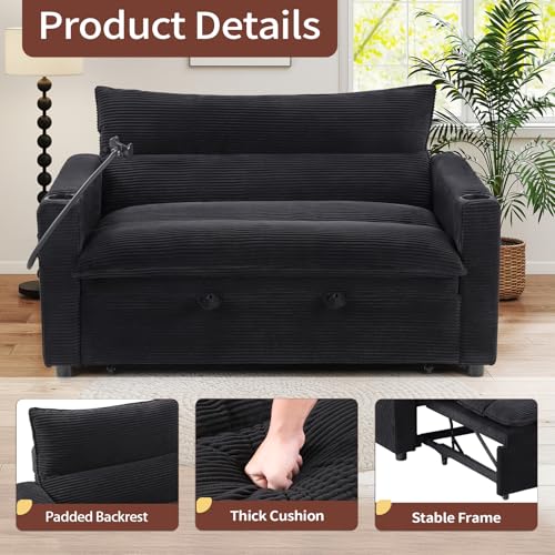 Image of HAOMARKETS 3-in-1 Convertible Loveseat Sleeper Sofa Bed, 2-Seat Pull Out Couch with Cup Holders, Phone Holder and USB Ports, Corduroy 3-Level Adjustable Backrest Couches for Living Room, Black