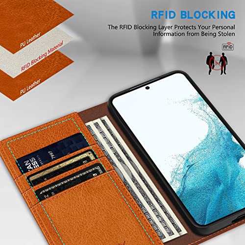Image of ZZXX for Samsung Galaxy S22 Wallet Case with [RFID Blocking] Card Slot Stand Strong Magnetic Leather Flip Fold Protective Phone Case for Samsung Galaxy S22 Case Wallet(Brown-6.1 inch)