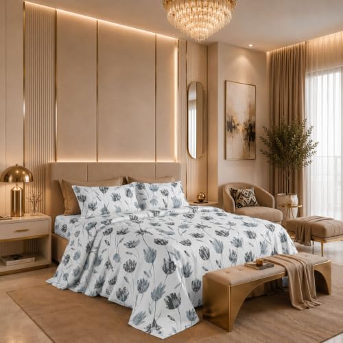 Image of Jaipur Weaves Cotton Linen Feel King Size Bedsheet 108x108 Super King, 100% Pure Cotton Bed Sheet with 2 Pillow Covers, 300 TC Soft Breathable Floral Design Bedding -(Tulips Blue, Super King)