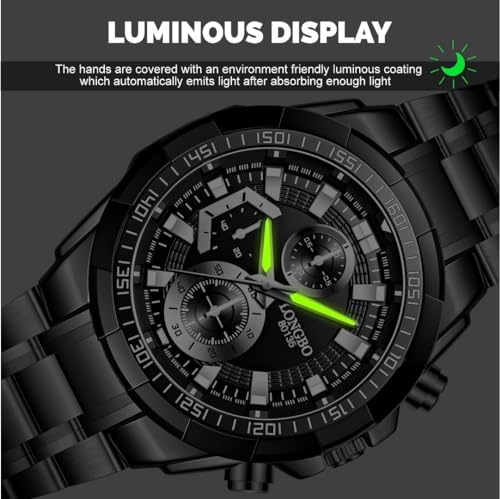 Image of LONGBO Black Business Casual Stainless Steel Decorative Subdials Big Blue Dial Scratch Resistant Waterproof Analog Watch for Men and Boys