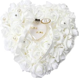 Wakects Hochzeit Ringkissen, Romantische Hochzeit Ringbox, Personalisierte Herz Form Hochzeit Ringhalter, Satin Flora Hochzeitsschmuck Zubehör, 15x13cm, Weiß