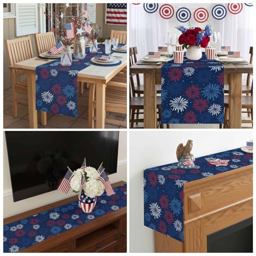 July 4th Table Runner Cotton Linen Fireworks Celebration Patriotic Americana Stars Party Holiday Tablecloth Decorations for Kitchen ,Home ,Dining,Outdoor,Small 13X36 Inches Long Red, White and Blue by Vandarllin - Used condition - Image 6