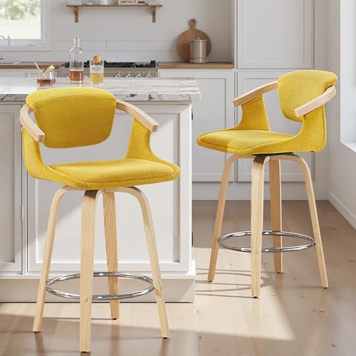 Zouron Lot de 2 Silla de Madera para Bar (Nogal) para Barra, taburetes giratorios con Respaldo (poliéster), taburetes para Isla de Cocina, Bar, Amarillo