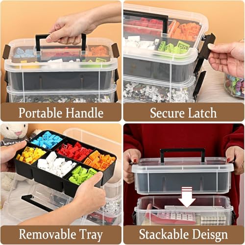 Image of plastic boxes for Storage transparent boxes for storage, Portable & Stackable Space Saving Organiser with Lid for Medicine, Jewelry, Arts & Crafts, Buttons, Beads (Black, 4 TIER WITH 1 TRAY)