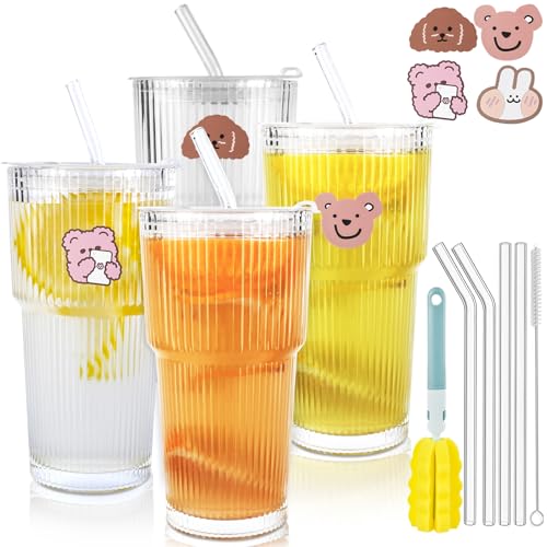 BBWELL Juego de 4 600ml Tazas de Café de Cristal,Vasos de Cristal con Tapa y Pajitas y Cepillo de Cristals,Tazas de Vidrio,HerméTicamente y DiseñO Impermeable,para Café,Soda,Cocktail,Batidos,Whisky