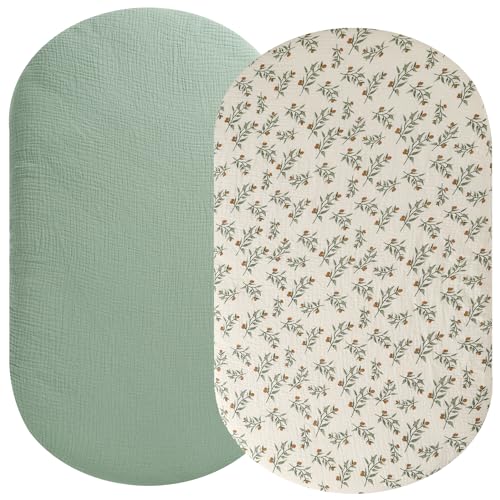 Image of Muslin Bassinet Sheet Compatible with 4moms Mamaroo Sleep Bassinet, 2 Pack Cotton Stylish Boho Fitted Bassinet Sheets Soft for Baby Roman Green & Botanical Leaf