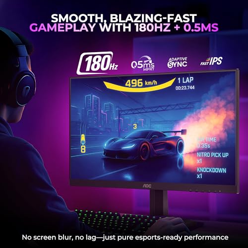 Image of AOC 27G42E Gaming Monitor 27 inch FHD Fast IPS Gaming Monitor, 180Hz Refresh Rate, 0.5ms Response Time, Adaptive Sync, HDR10, Flicker-Free, HDMI 2.0 and DisplayPort 1.4 Connectivity (Black)