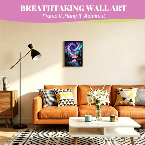 Image of HASTHIP Aurora Galaxy Landscape DIY Diamond Painting Kit, Full Drill Northern Lights Forest Lake Art Set with Pre-Printed Canvas & Tools, Relaxing Stress Relief Craft Home Wall Decor Gift 40x30cm