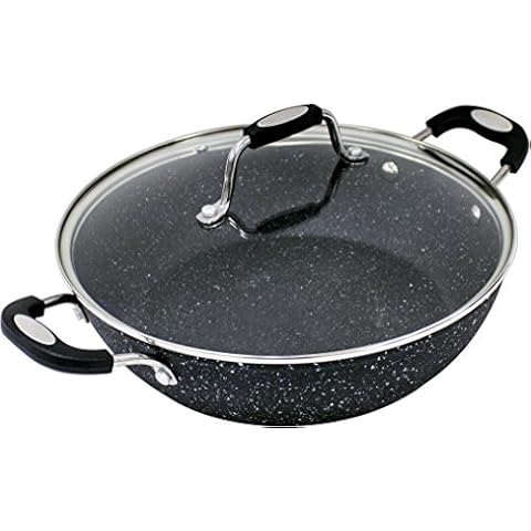 Scoville Neverstick 28cm Shallow Casserole with Vented Glass Lid - 3.8L, Non-Stick, Aluminium, Ergonomic Handles, Stainless Steel Base,Black Cover