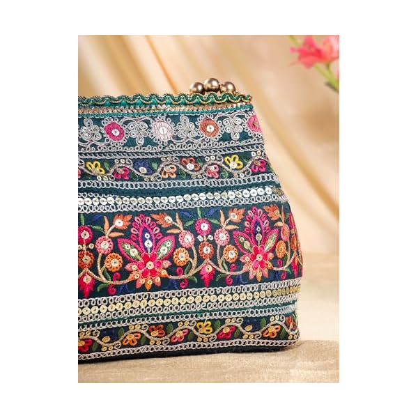 Yellow Chimes Potli Bags For Ladies For Wedding | Traditional Potli Handbags For Women | Pearl Beaded Wristlet Handmade Embroidery Worked Potli Bag | Ideal for Parties Weddings or Traditional Events - Image 8