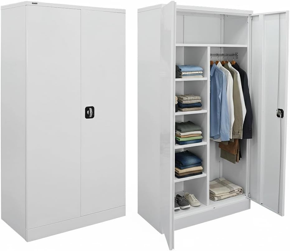 RIGID Home Storage Cupboard with Hanging Section | Metal Wardrobe Cabinet for Clothes Organization | Flush Mounted Key Lock, Space Efficient Design, Modern Grey Finish (45D x 90W x 183H CM) Assembled