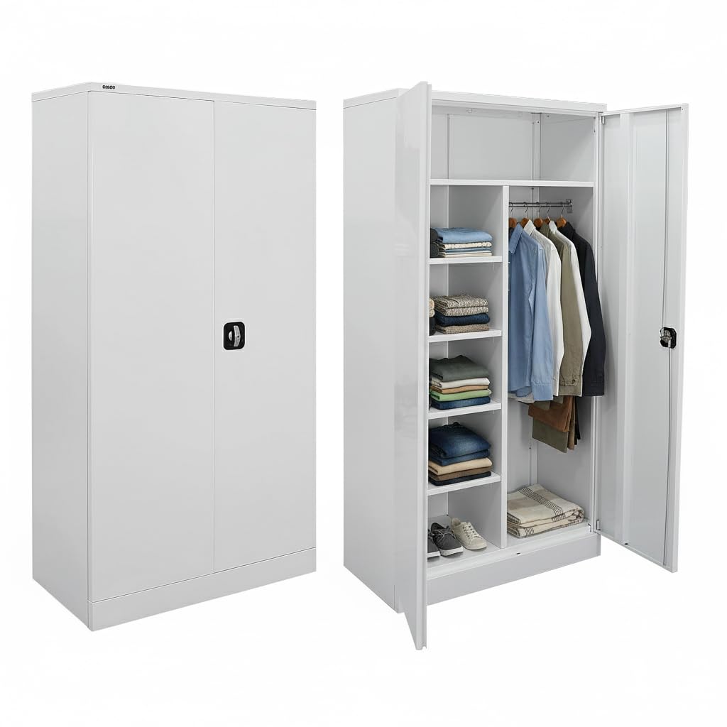 RIGID Home Storage Cupboard with Hanging Section | Metal Wardrobe Cabinet for Clothes Organization | Flush Mounted Key Lock, Space Efficient Design, Modern Grey Finish (45D x 90W x 183H CM) Assembled