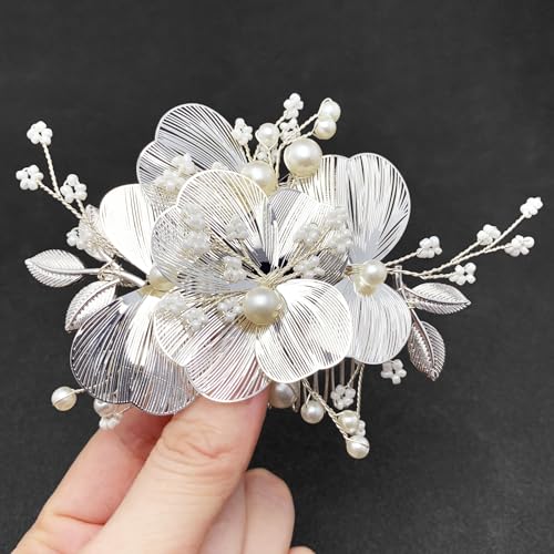 BETITETO Silver Flower Hair Accessories for Bride Wedding Pearl Metal Floral Hair Pieces with Combs for Women Girls
