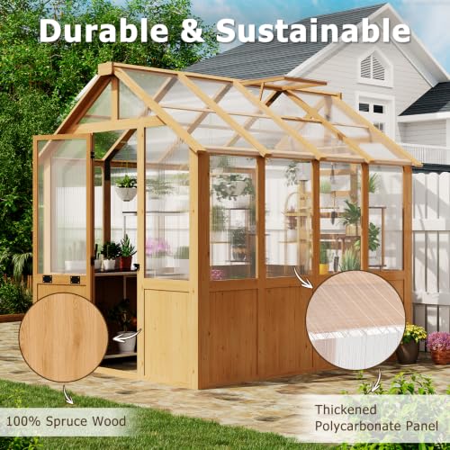 Image of EROMMY 6x8 FT Wooden Greenhouse for Outdoors, Walk-in Greenhouse Kit with 4mm Polycarbonate Panels, Adjustable Roof Vent and Lockable Door, Outdoor Greenhouse for Backyard Garden