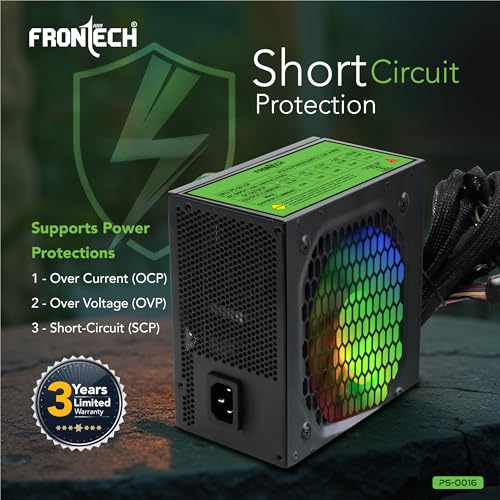 Image of Frontech Ultima 750W Power Supply | ATX 12V SMPS | 120mm RGB Fan | Sleeved Cables | 20+4 ATX, 4+4 CPU, 6+2 PCI-E, 4 SATA & 2 Molex | OCP /OVP /SCP Protection | 3-Year Warranty (PS-0016)