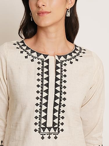 Image of Brownverse Pure Cotton Embroidered Women Short Kurti