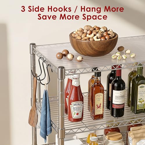 Image of Heavy Duty 3-Shelf Shelving Unit, 24.02 inch W x 13.78 inch D x 21.97 inch H Chrome Steel Storage Rack with Wheels, 2 PP Shelf Liners and Hooks, Adjustable Under Desk Organizer for Kitchen, Office, Garage