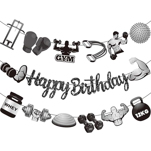 Gym Birthday Party Decorations 3Pcs Black Glitter Fitness Birthday Party Banners Weight Lifting...