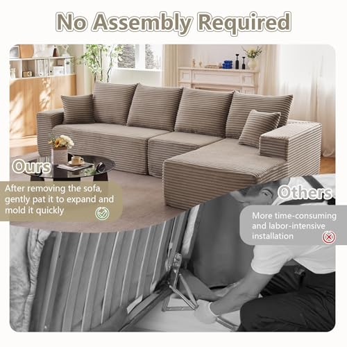 Image of 135 inch Cloud Sectional Couch with L-Shape Chaise, Modern Modular Comfy Sofa Chaise Longue, Upholstered Corduroy Couches Sleeper with Deep Seat for Living Room Bedroom, No Assembly Required, Camel