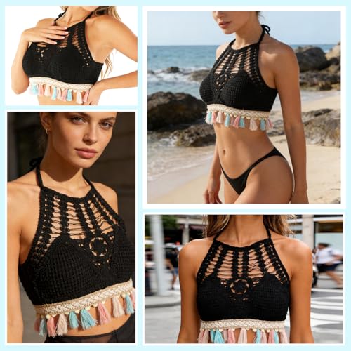 Image of PALAY Women's Summer Beach Backless Crochet Halter Bikini Crop Top Crochet Hollow Out Tassle Embroidery Knit Boho Beachwear