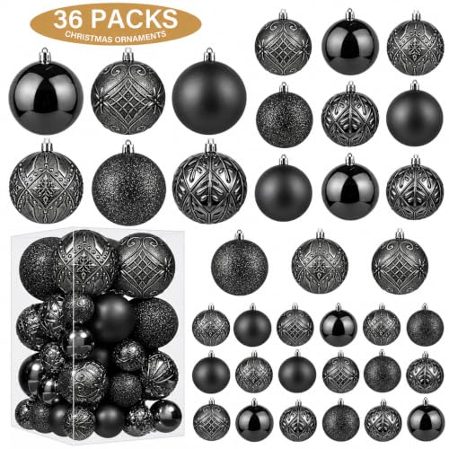 SZVRL Christmas Balls Ornaments -36pcs Shatterproof Christmas Tree Decorations with Hanging Loops for Xmas Tree, Holiday Party, Wedding & Indoor Home Decor,6 Styles in 3 Sizes (Black) - image 3