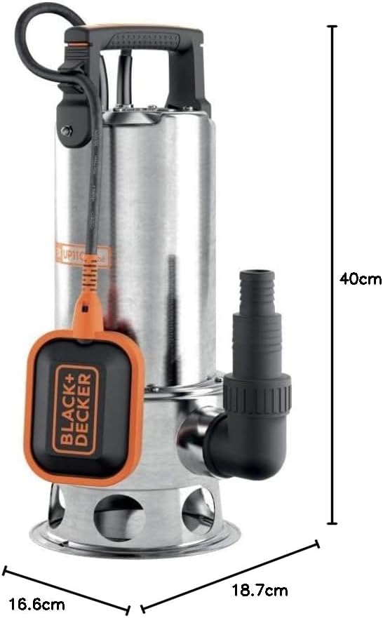 Diagram showing dimensions of BLACK+DECKER BXUP1100XDE submersible pump