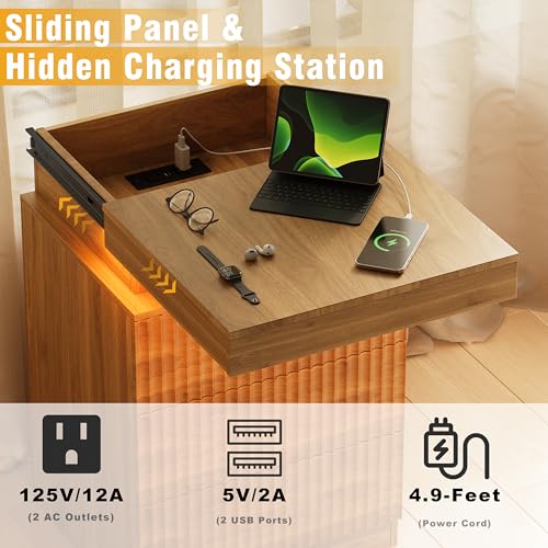 Image of Fluted Nightstand with Charging Station and LED Light, Bedside Table with Sliding Top, USB Ports and AC Outlets, 3 Drawer Storage Cabinet, Modern End Table for Bedroom, Walnut