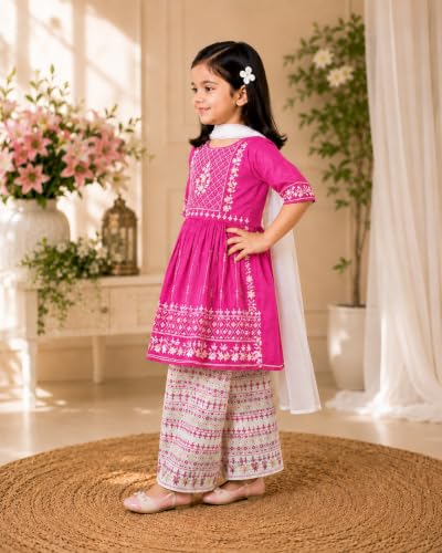 Image of Girls Embroidered Printed Kurta with Printed Palazzo Set, Ethnic Wear, 3-Piece