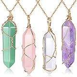 Yaomiao 4 Pieces Hexagonal Crystal Pointed Quartz Pendants Natural Healing Crystal Necklaces Reiki Chakra Charm Pendant Necklace with Tree Wire Wrapped for Women Girls (Fresh Color with Gold Chain)
