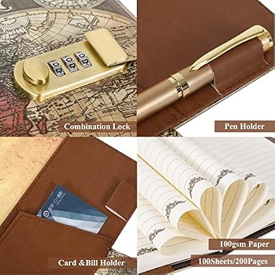 Vintage Old Map Diary with Lock,A5 Locking Journal Pu Leather Refillable Writing Notebook with Lock Combination Password Personal Lock Journal with Pen&Gift Box Secret Lock Diary for Adults Men&Women