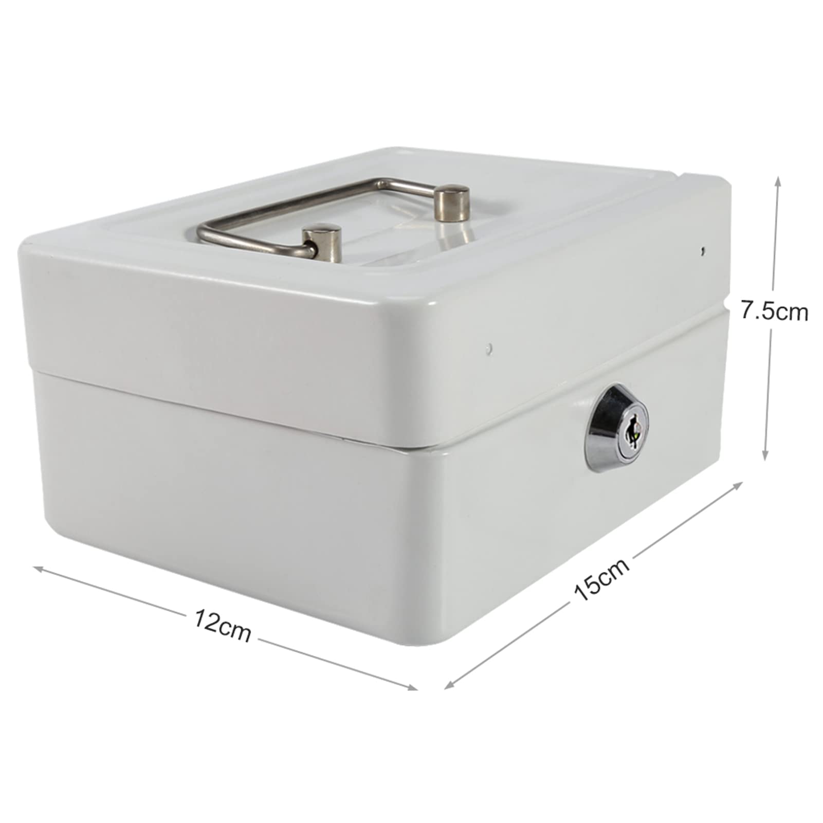 Mini Cash Box with Key Lock Portable Petty Layered Partition Coin Banknote Classification Lockable Money Safe Security Tin Box for Household Office Shop(White) - Image 2