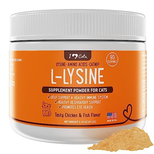 iHeartCats L-Lysine for Cats - Immune & Respiratory Supplement for Cats - L-Lysine Powder with Cat Nip - Chicken & Salmon Flavor