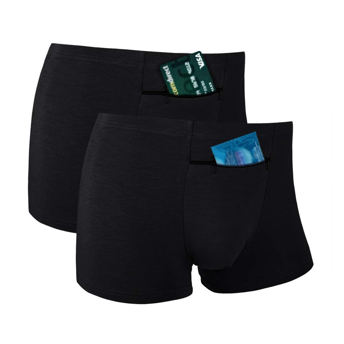 LUEXBOX2 Packs Men's Underwear with A Secret Front Pocket, Travel Boxer Brief, Black