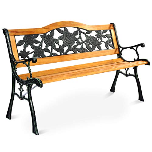 COSTWAY 3-Seater Garden Bench, Solid Wood Slatted Seat Loveseat Park Bench with Rose Pattern, All-Weather Outdoor Furniture Leisure Seating Patio Chair for Balcony, Porch, Backyard (Arched Back)
