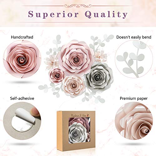 Rainbows & Lilies Paper Flowers Decorations For Wall, Wedding, Bridal Shower, Baby Girl Nursery Decor, Kids Room, Flower Backdrop, Party - 10-Pc Wall Flowers Wall Decor (Pink, Gray, Off-White) #TOP5