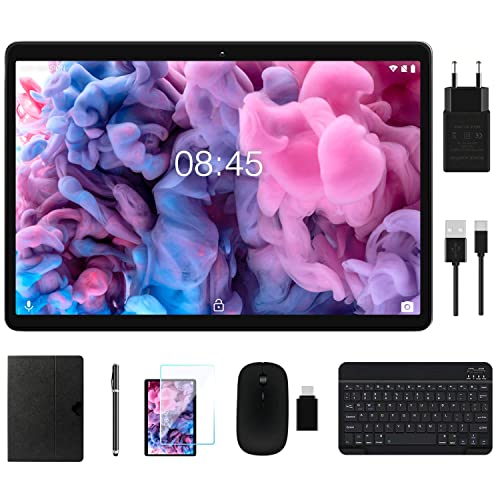 MEBERRY Tablette 10 Pouces Android 10.0 Tablette Tactile, 4 Go RAM 64 Go ROM(128 Go Extensible), 4G LTE Dual SIM & Dual Caméra, Certification Google GMS, Tablette avec Clavier&Souris - Gris